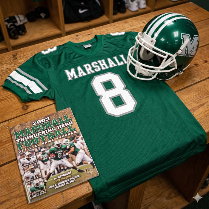 AI-generated green Marshall jersey 8 on a wooden table with a green helmet and period example of a program