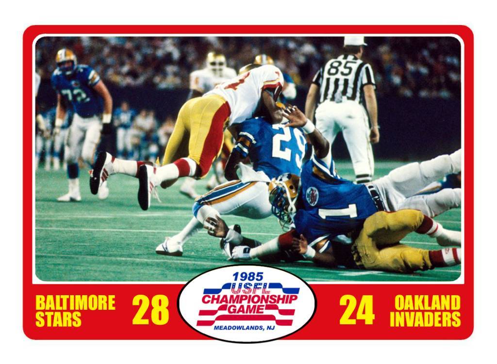 Full color trading card of Game action from the USFL 1985 Title game USFLTradingCards.com