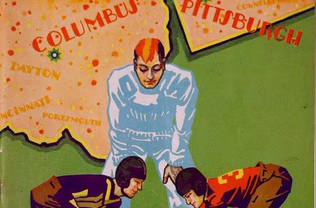 Full color hand drawn 1929 American football themed program cover, Varsity News - Official Football Publication - Pittsburgh versus Ohio State, November 2, 1929
