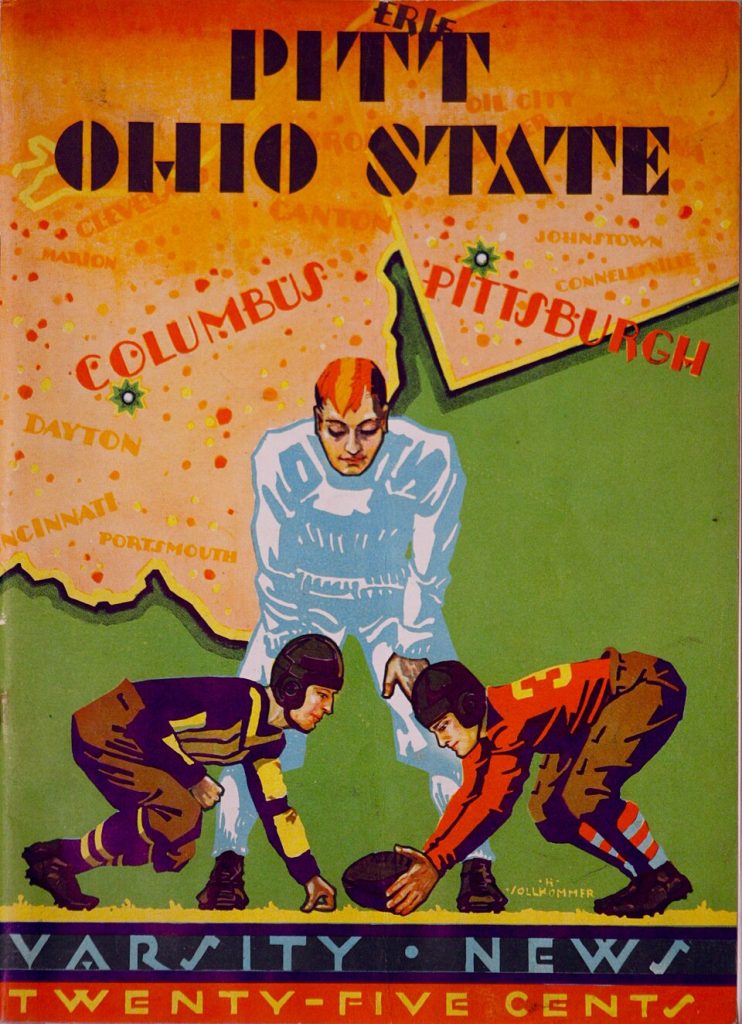 Full color hand drawn 1929 American football themed program cover, Varsity News - Official Football Publication - Pittsburgh versus Ohio State, November 2, 1929