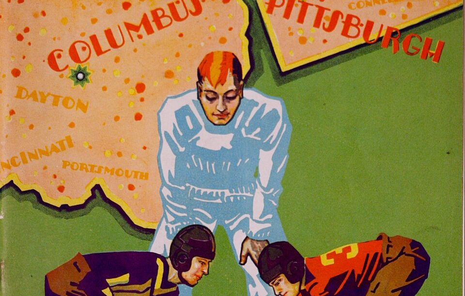 Full color hand drawn 1929 American football themed program cover, Varsity News - Official Football Publication - Pittsburgh versus Ohio State, November 2, 1929