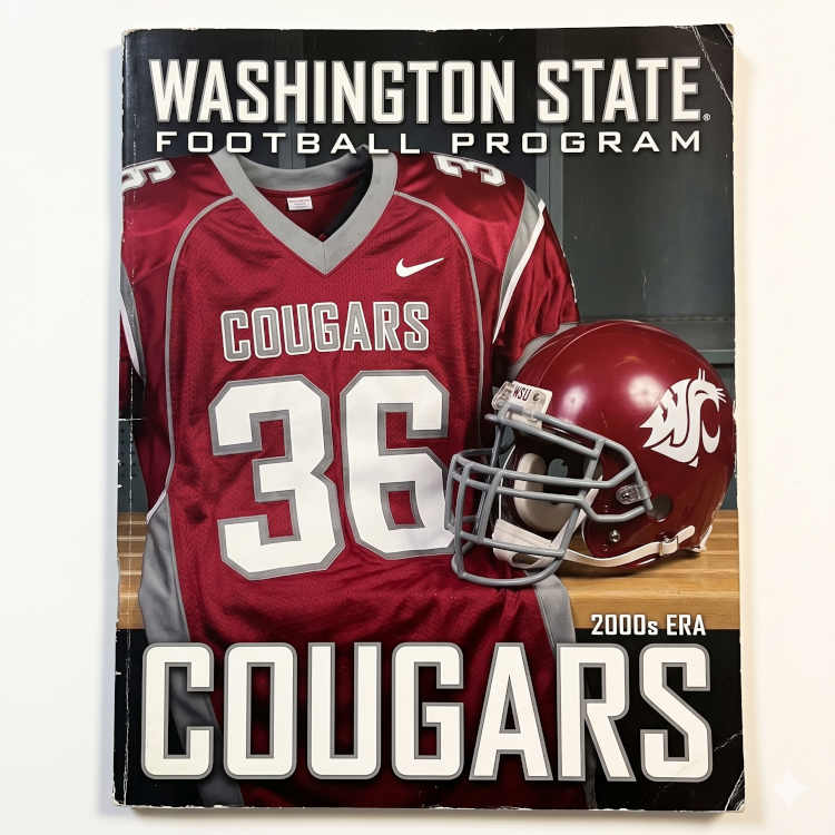 Full color 2000s era Washington State NFL American football jersey 36, without a name on it, and a matching helmet, the program cover should say Cougars.