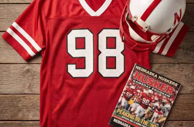 AI-generated red jersey 98 on a wooden table with a white N helmet and period example of a program