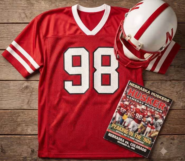 AI-generated red jersey 98 on a wooden table with a white N helmet and period example of a program
