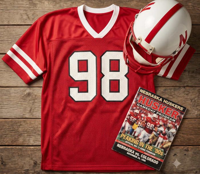AI-generated red jersey 98 on a wooden table with a white N helmet and period example of a program