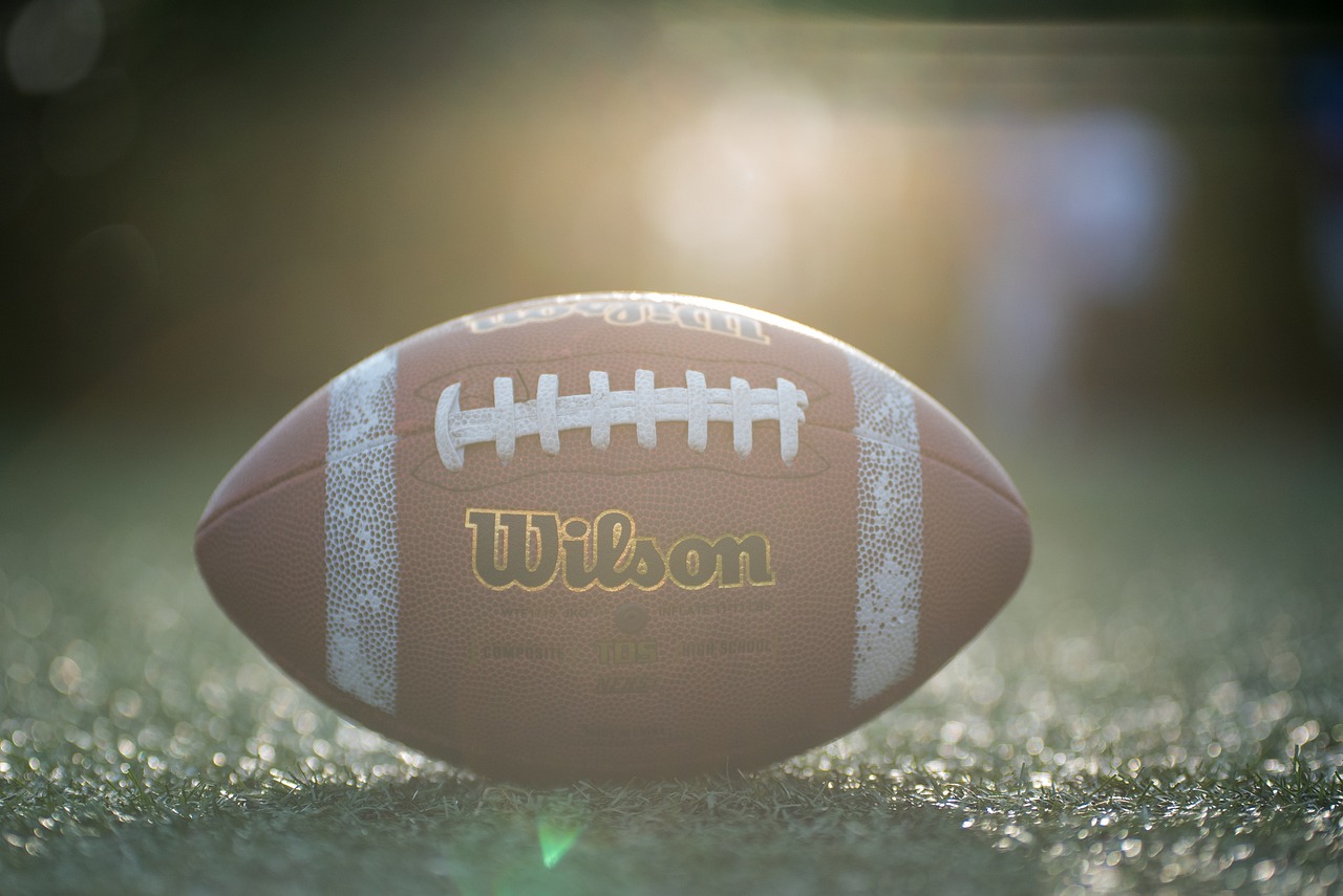 Full color image of a brown Wilson leather football with white stripes