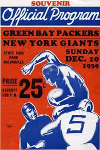 Color with Orange back ground and blue/white football images and writing of the 1939 NFL Championship Game Program