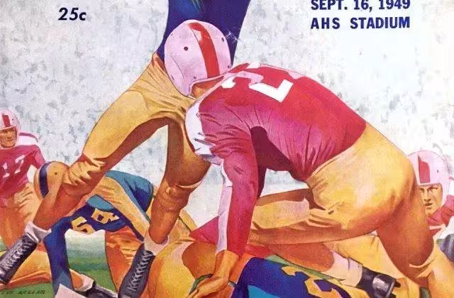 Full color High school football program cover with an image of a QB passing he ball while under pressure.