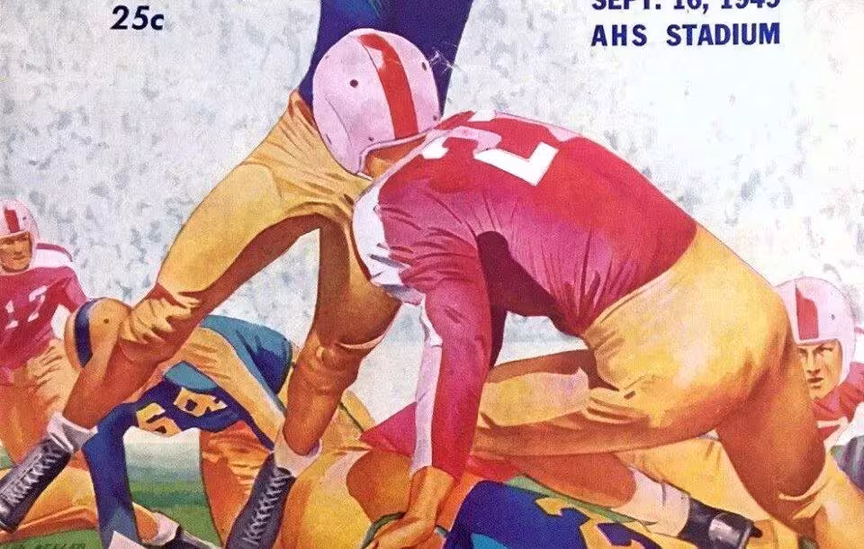Full color High school football program cover with an image of a QB passing he ball while under pressure.