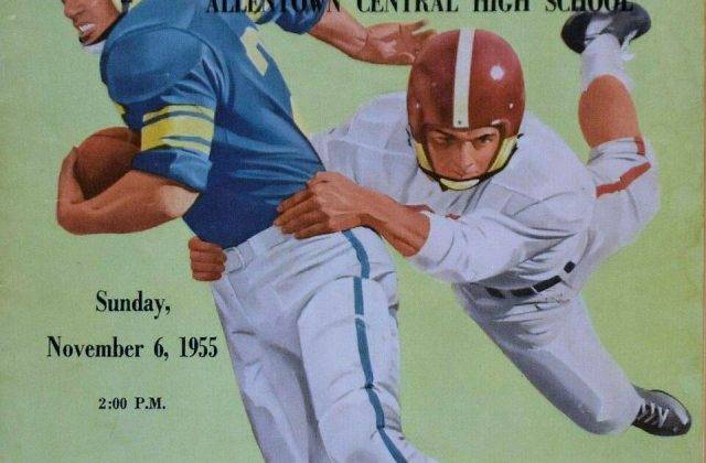 Full color artists rendering of an American football player in a blue jersey running with the ball avoiding a defender clad in white as part of Cover of a football program dated 1955.