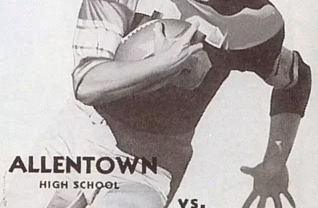 black and white hand drawn image of a 1950s American football player carrying the ball ona game day program for Allentown High School Football Program Date 1957 Source Allentown High School, Allentown PA