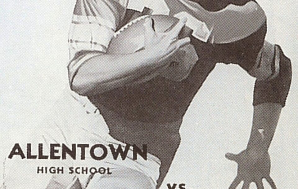 black and white hand drawn image of a 1950s American football player carrying the ball ona game day program for Allentown High School Football Program Date 1957 Source Allentown High School, Allentown PA
