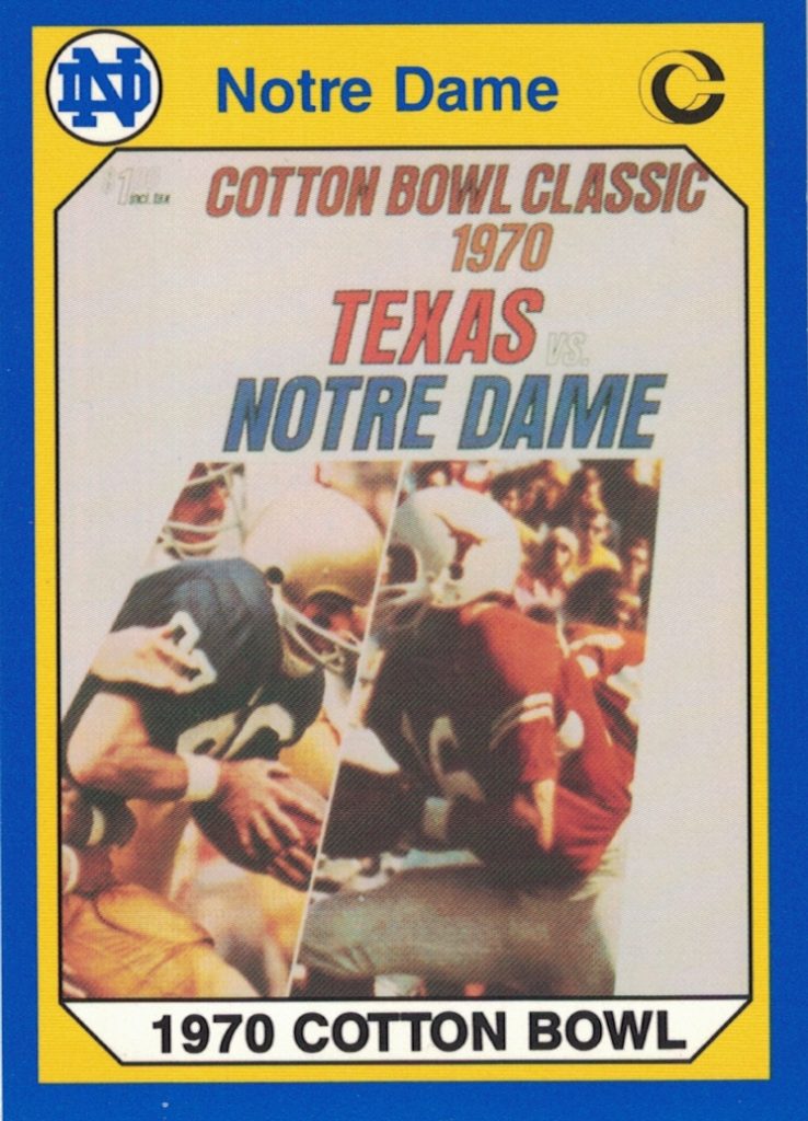Full color trading card of the program cover for the 1990 Collegiate Collection Notre Dame - Card #81 - 1970 Cotton Bowl - Notre Dame Fighting Irish vs Texas Longhorns. Darin Hayes' personal collection.