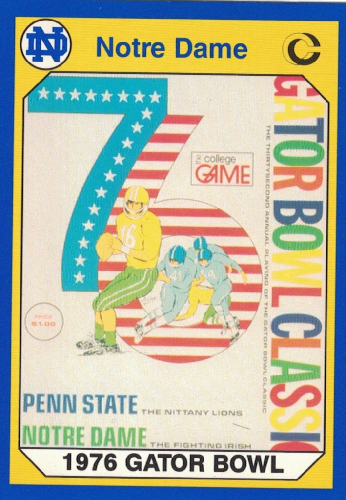 Full color trading card of 1990 Collegiate Collection Notre Dame - Card #57 - 1976 Gator Bowl - Notre Dame Fighting Irish vs Penn State. Darin Hayes' personal collection.
