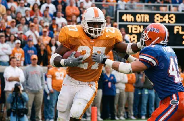 AI-created image of college football action in 1996 having any player gear shown being period correct and verified