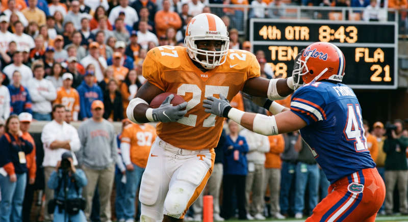 AI-created image of college football action in 1996 having any player gear shown being period correct and verified