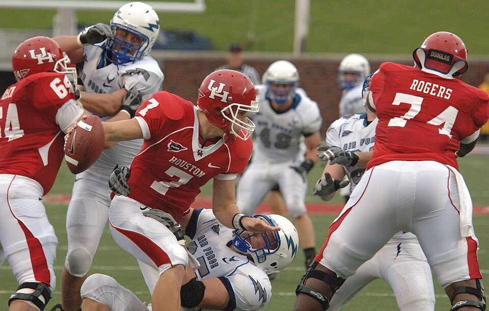 Full color game photo of The 2008 Houston Cougars football team faces off against the Air Force Falcons at Gerald J. Ford Stadium on the campus of Southern Methodist University. The game was originally intended to be a home game for the Cougars at Robertson Stadium, and was scheduled to be televised by CBS College Sports. Due to Hurricane Ike, the game was moved to Dallas, and the television appearance was cancelled.