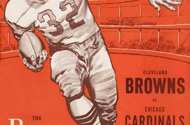 Program for the game between the Cleveland Browns and the Chicago Cardinals of the National Football League (NFL), October 10, 1954. Artist uncredited. Published as Cleveland Browns vs. Chicago Cardinals:: October 10, 1954: Official Souvenir Program. Cleveland, OH: Cleveland Browns Football Club, 1954.