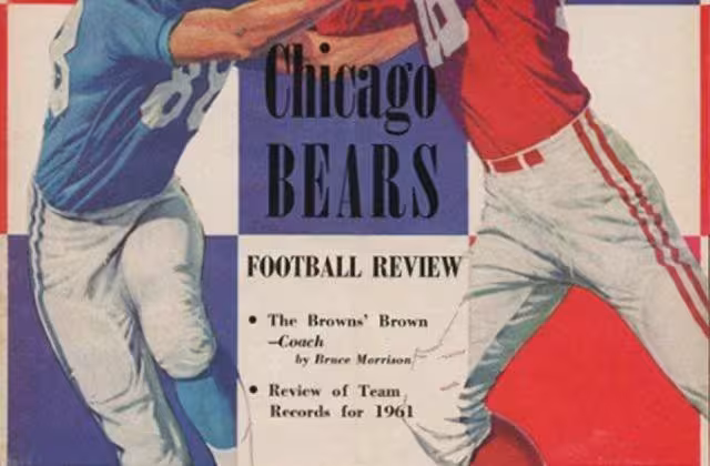 Full color artists dwg of two football players in the 1960s vying for a thrown pass.Program for the game between the Chicago Bears and the Cleveland Browns of the National Football League (NFL), December 10, 1961. Stock cover art, unsigned. Published as: Chicago Bears Football Review: Chicago Bears vs. Cleveland Browns: December 10, 1961, Wrigley Field. Chicago, IL: Chicago Bears Football Club, 1961.