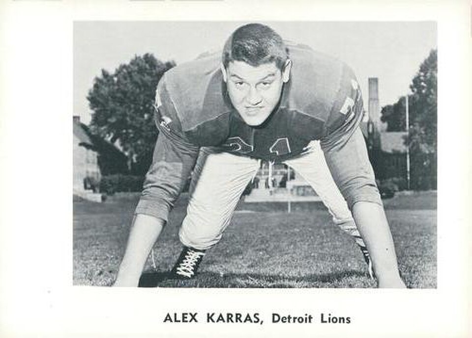 black and white A promotional image of Detroit Lions player Alex Karras.
Jay Publishing