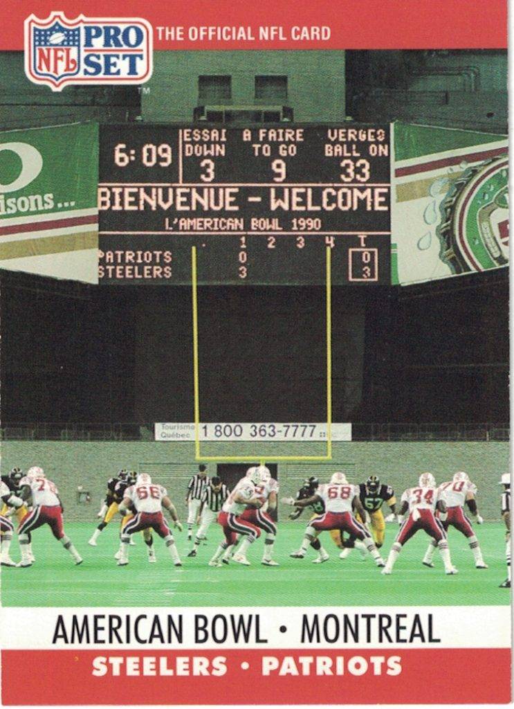 Color game action photo on a trading card, American Bowl in Montreal. 1990 Pro Set Card 784.
