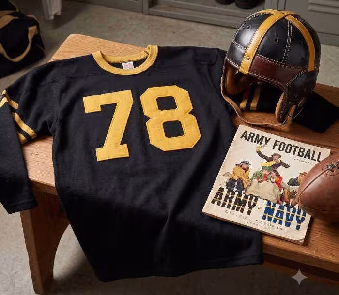 Gemini AI created image of a 1940s-era Army American football jersey 78, without a name on it, and a matching period-correct helmet, the program cover appropriate to the era and team.