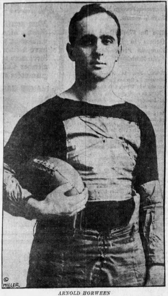 Black and white newspaper clipping image of Arnold Horween, in "The Baltimore Sun" on November 16, 1927, via Newspapers.com.