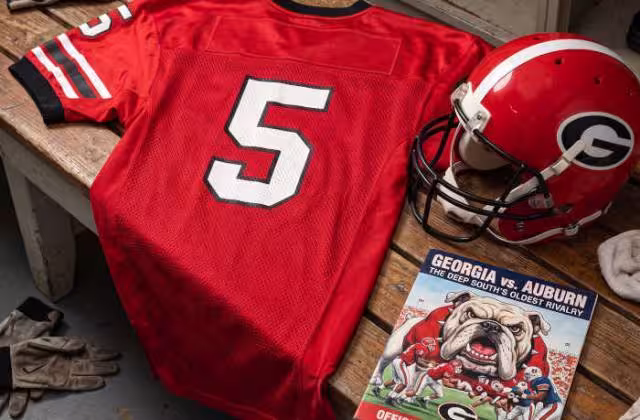 Gemini AI generated image of a 1980s-era Georgia American football jersey 05, without a name on it, and a matching period-correct helmet, the program cover appropriate to the era and team.