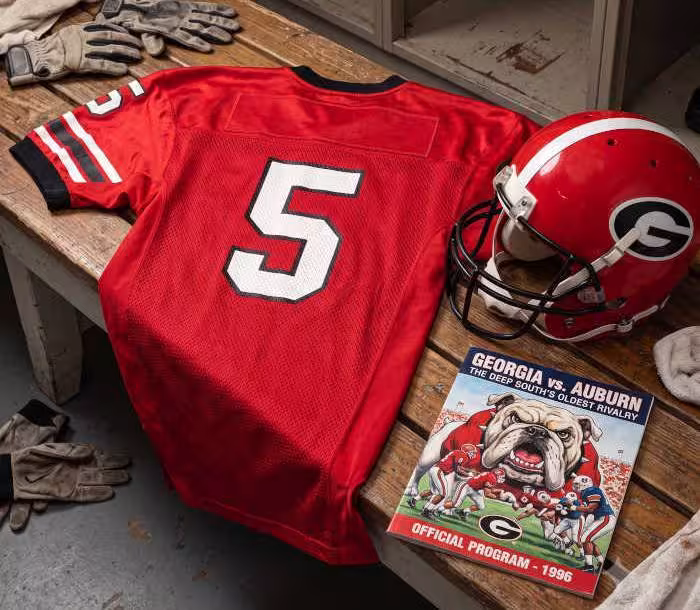 Gemini AI generated image of a 1980s-era Georgia American football jersey 05, without a name on it, and a matching period-correct helmet, the program cover appropriate to the era and team.