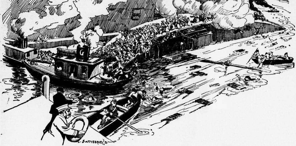 Black and white hand sketch of Cartoonist Bob Satterfield witnessed the capsizing from the Clark Street Bridge, and sketched it for his syndicate
