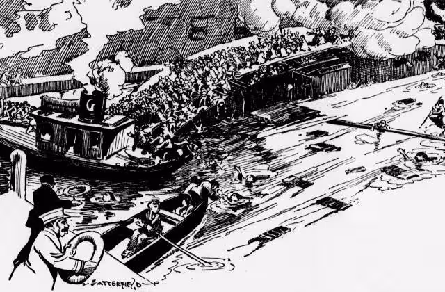 Black and white hand sketch of Cartoonist Bob Satterfield witnessed the capsizing from the Clark Street Bridge, and sketched it for his syndicate