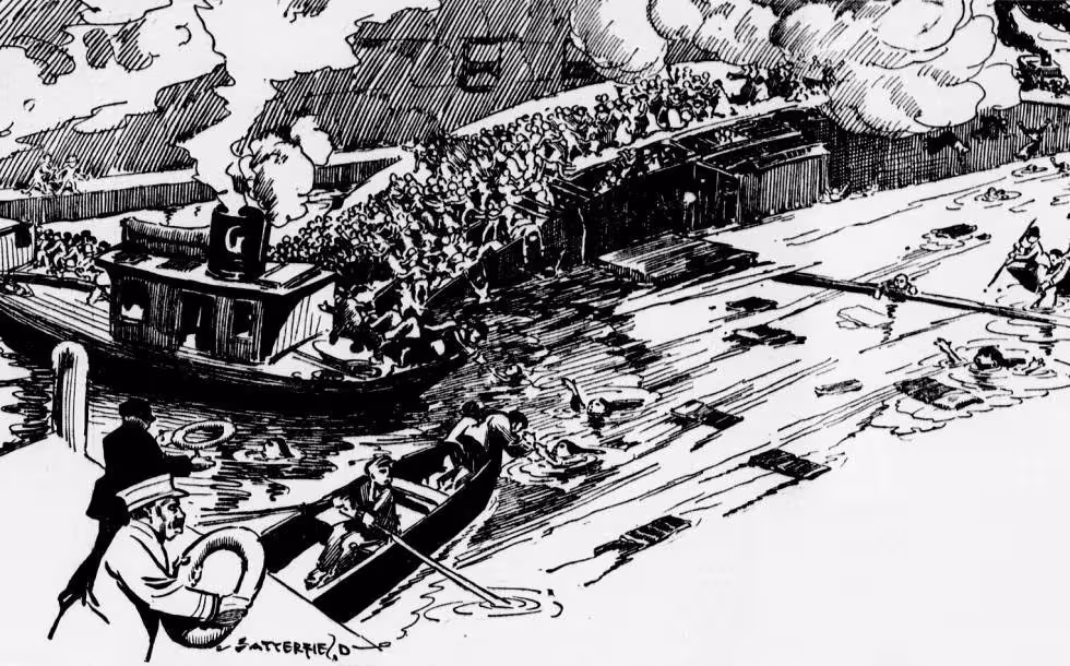 Black and white hand sketch of Cartoonist Bob Satterfield witnessed the capsizing from the Clark Street Bridge, and sketched it for his syndicate