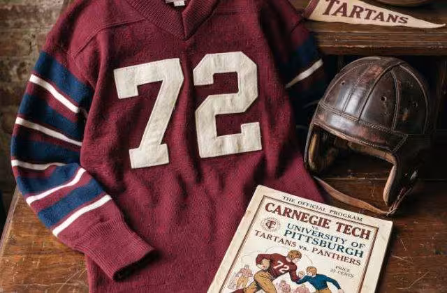 AI-generated crimson jersey 72 on a wooden table with a leather helmet and period example of a program
