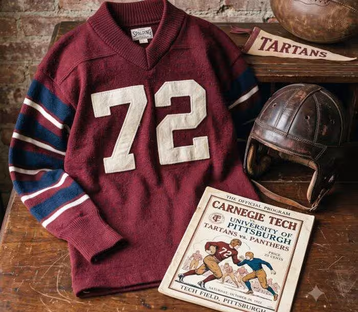 AI-generated crimson jersey 72 on a wooden table with a leather helmet and period example of a program