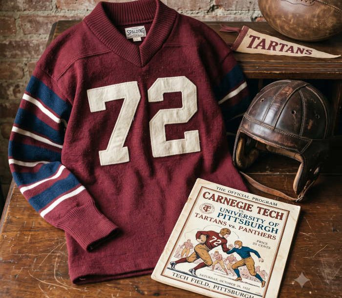 AI-generated crimson jersey 72 on a wooden table with a leather helmet and period example of a program