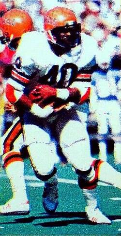 Full color game action shot of Cincinnati Bengals running back Charles Alexander rushing the ball against the Houston Oilers during a September 28, 1980 home game at Riverfront Stadium.