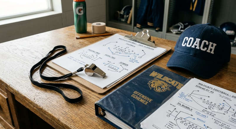 AI-Created image depicting a general representation of a football head coach's desk