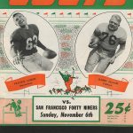 1947 AAFC Colts scorecard, Program for All-America Football Conference game between the Baltimore Colts and the San Francisco Forty Niners, November 6, 1949. Depicted are Frankie Albert, quarterback and defensive back for the Forty Niners and Harry Jagade, fullback and linebacker for the Colts. Published in Baltimore, Maryland by the Baltimore Colts (1947โ50 club)