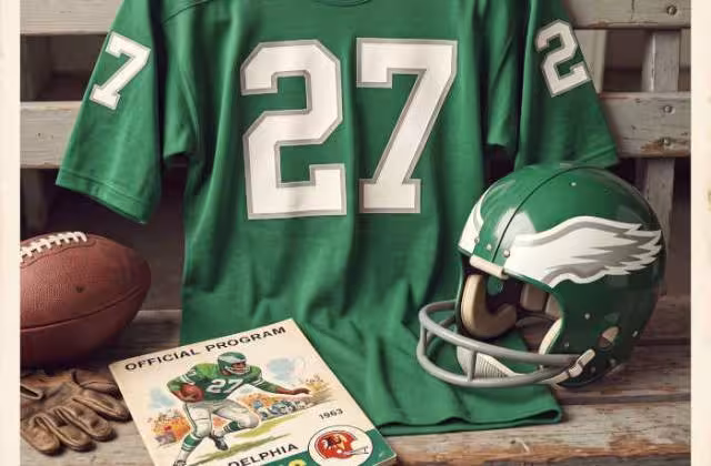 Gemini AI generated image of a 1960s-era green American football jersey 27, without a name on it, and a matching period-correct helmet, the program cover appropriate to the era and team.
