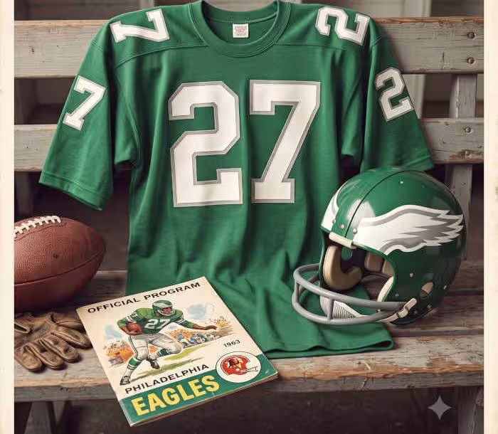 Gemini AI generated image of a 1960s-era green American football jersey 27, without a name on it, and a matching period-correct helmet, the program cover appropriate to the era and team.