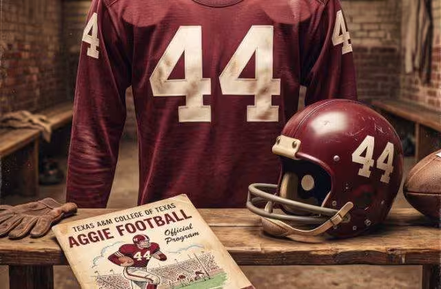 AI-generated crimson jersey 44 on a wooden table with a crimson number 44 helmet and period example of a program