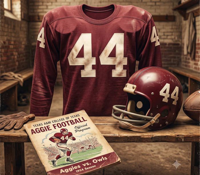 AI-generated crimson jersey 44 on a wooden table with a crimson number 44 helmet and period example of a program