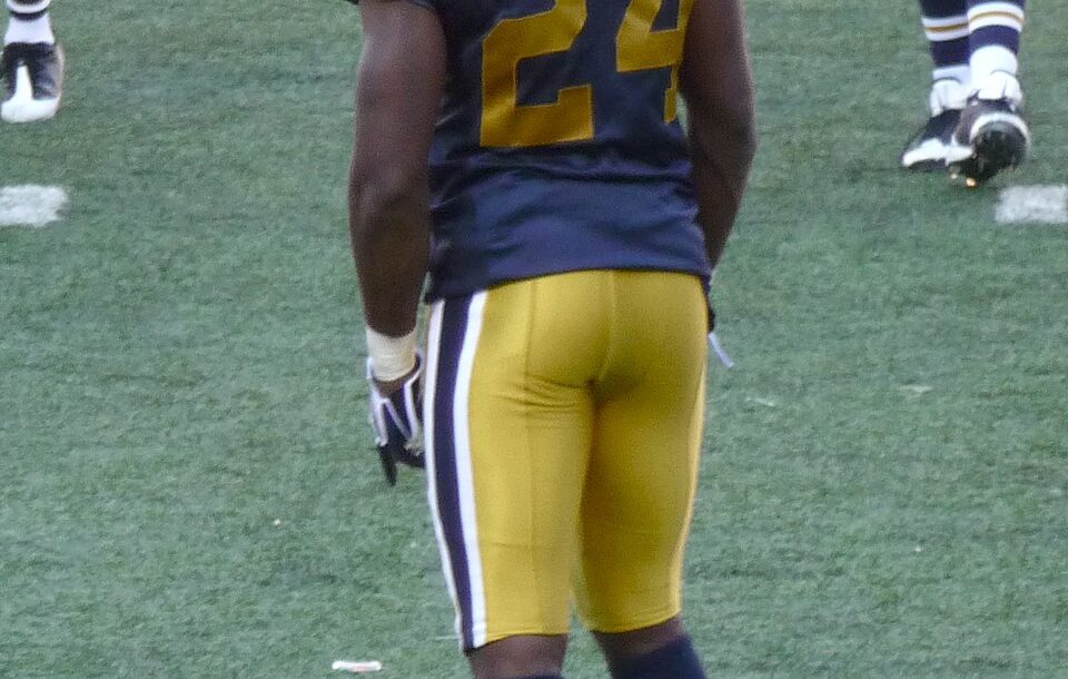 Full color photo image of Revis in 2008 wearing a NY Jets throwback uniform.