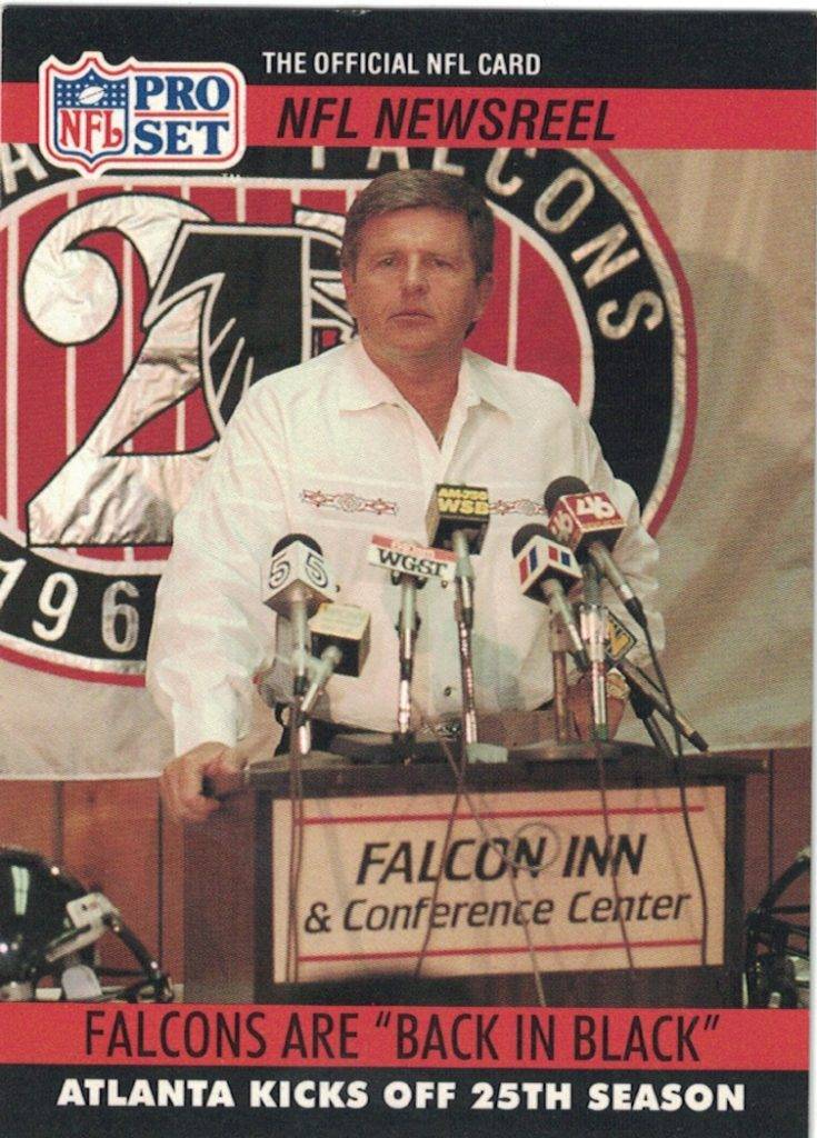 Color image of The Atlanta Falcons Head Coach Jerry Glanville announces the team will transition from red to Black as its primary team color for the franchise's 25th Season on this 1990 Pro Set trading card number 787.