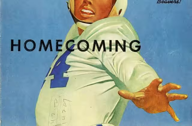 Full color hand drawn image of a 1950s era football player all in white in the process of throwing a forward pass, St. Cloud State University football program cover. October 17, 1953
