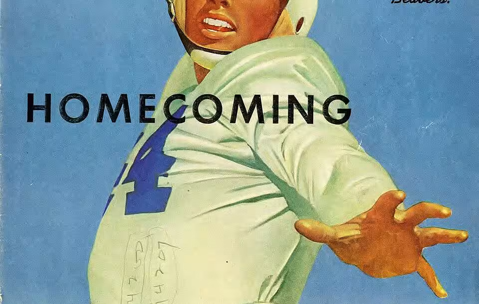 Full color hand drawn image of a 1950s era football player all in white in the process of throwing a forward pass, St. Cloud State University football program cover. October 17, 1953