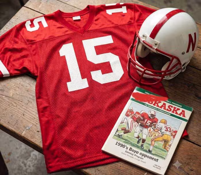 AI-generated red jersey 15 on a wooden table with a leather helmet and period example of a program
