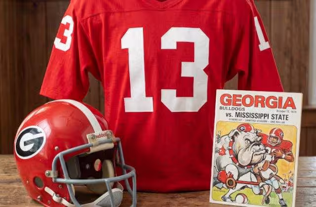 Gemini AI generated image of a 1970s-era Georgia American football jersey 13, without a name on it, and a matching period-correct helmet, the program cover appropriate to the era and team.