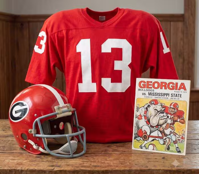 Gemini AI generated image of a 1970s-era Georgia American football jersey 13, without a name on it, and a matching period-correct helmet, the program cover appropriate to the era and team.