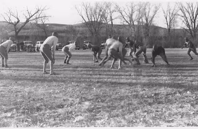 Black and white snap shot of game action in an Indian football game - NARA, circa 1940.